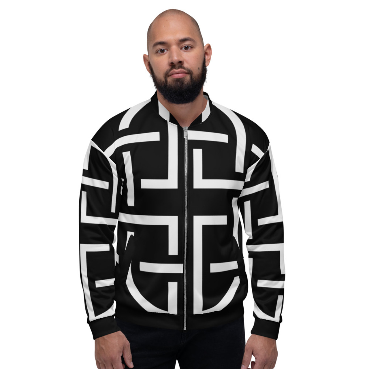 On Sale Black & White Sacred Geometry Dara Note Bomber Jacket