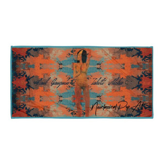 The orange blue pool towel featuring Paul Gauguin woman figure with words and letters stating Tahiti Aloha