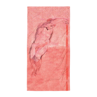 Pink peach beach towel with Rubens nude male figure and red stripe