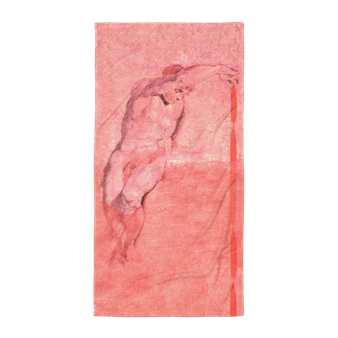 Pink peach beach towel with Rubens male figure and red stripe