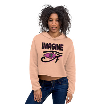 Peach cropped hoodie with magenta Eye of Horus graphic and IMAGINE text