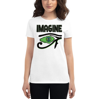 White women's T-shirt with green Eye of Horus graphic and IMAGINE text