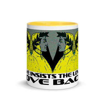 White ceramic mug with mirrored yellow-and-blue Dante portraits, yellow interior, and Love insists the loved loves Back text