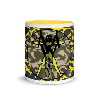 leonardo da vinci Yellow, olive green, grey vitruvian man pop art mug makes a