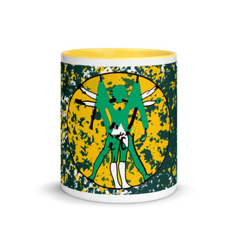 11 oz Leonardo da Vinci neoclassical pop art vitruvian man Green Yellow mug by Neoclassical pop art 