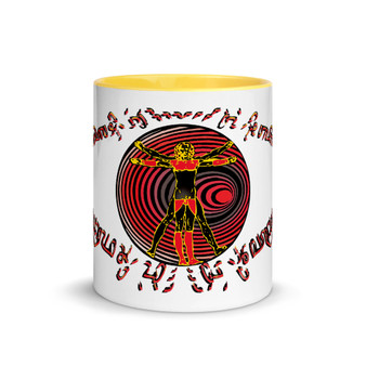 Leonardo da vinci vitruvian man in an eye composed of da vinci signature. A mug .com