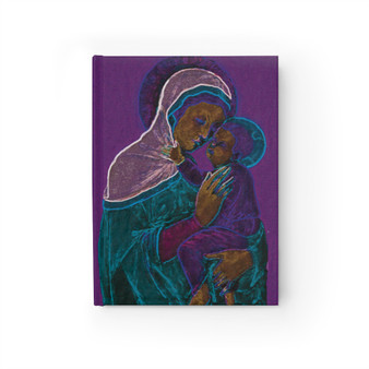 Purple ruled-line journal with Duccio Madonna and Child artwork in teal, magenta, and gold