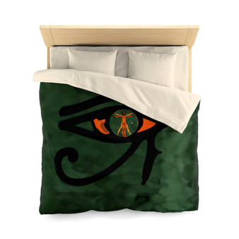 Microfiber duvet cover with orange-and-pink Eye of Horus framing Vitruvian Man