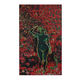 Colorful area rug with Adam and Eve and a parrot inspired by Titian
