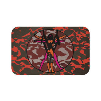 Orange, pink, and gray Vitruvian Man bath mat with space-themed artwork