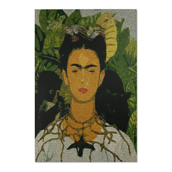 Colorful Frida Kahlo portrait area rug with teal, magenta, and orange accents