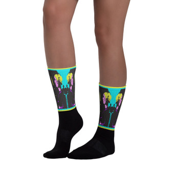 Black socks with yellow, blue, and purple Botticelli Saint Catherine portrait