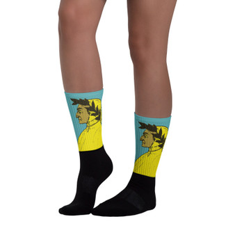 Yellow-and-black socks with Botticelli Dante portrait artwork