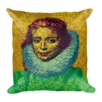 Green, yellow, and blue throw pillow with Rubens Infanta Clara portrait