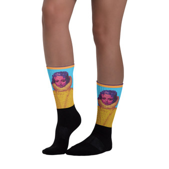 Black socks with Rubens Infanta Isabella portrait in yellow, blue, and pink