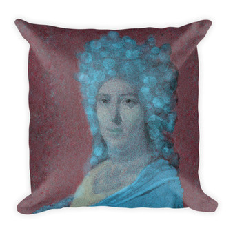 Light-blue and burgundy throw pillows with Jacques-Louis David Countess portrait