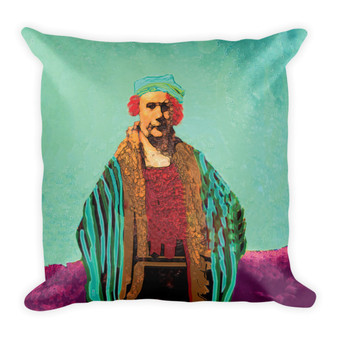 Burgundy, coral, and aqua decorative pillow with Rembrandt self-portrait