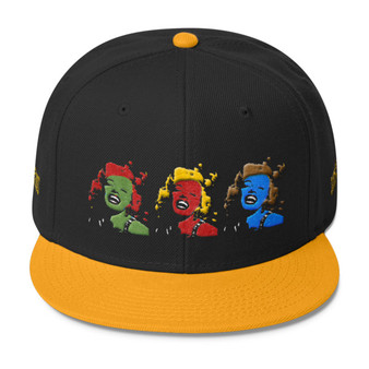 Black and yellow snapback with three multicolor Marilyn Monroe embroidered portraits
