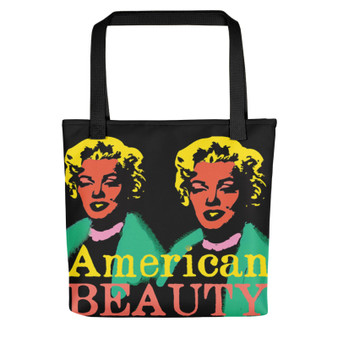 Orange, pink, green, and yellow Marilyn Monroe American Beauty tote bag with da Vinci Vitruvian Man artwork