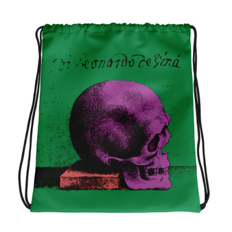 Green, purple, and red drawstring bag with da Vinci skull artwork