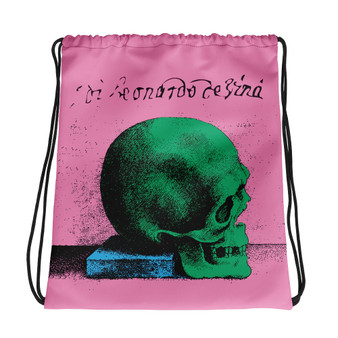 Light-pink, blue, and green drawstring bag with da Vinci skull and Vitruvian Man artwork