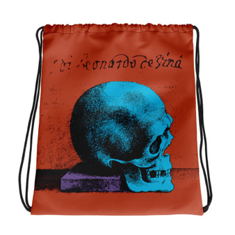 buy online orange blue purple cool Drawstring bag  with Neoclassical pop art skull after da vinci  and da vinci vitruvian man on the back 