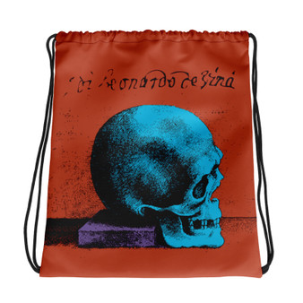 Orange, blue, and purple drawstring bag with da Vinci skull and Vitruvian Man artwork