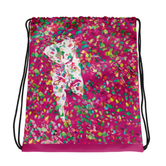 Pink drawstring bag with Van Gogh self-portrait and da Vinci Vitruvian Man artwork