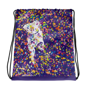 Blue drawstring bag with Van Gogh self-portrait skull and da Vinci Vitruvian Man artwork