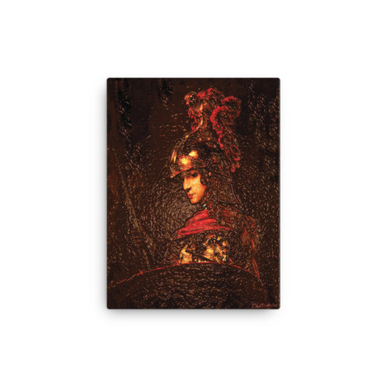 Rembrandt warrior in gold helmet with crimson plume, dark brown canvas print