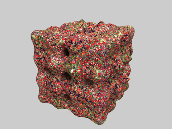 Red, green, and purple psychedelic porous cube sculpture