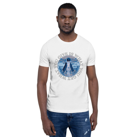 Leonardo Da Vinci Vitruvian man What You Give Is What You Take Short-Sleeve Unisex T-Shirt by Neoclassical pop art designer brand online store