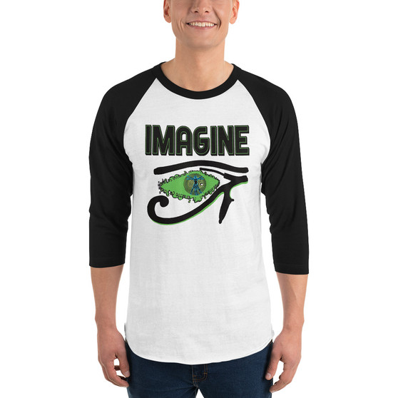 White-and-black raglan shirt with green Eye of Horus graphic and IMAGINE text