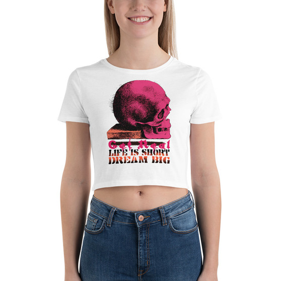 On sale Da Vinci  Dream Big Pink Skull Women’s Crop Tee by neoclassical pop art online fashion designer brand 