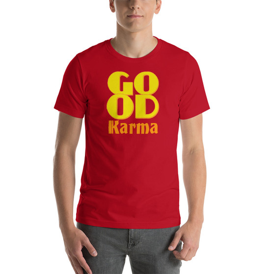 On sale fashion style Yellow Good Karma red Short-Sleeve Unisex T-Shirt by neoclassical pop art fashion designer online brand 
