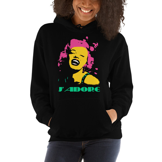 on sale online marilyn Monroe pink yellow green black cool J'adore Unisex Hoodie by neoclassical pop art 
