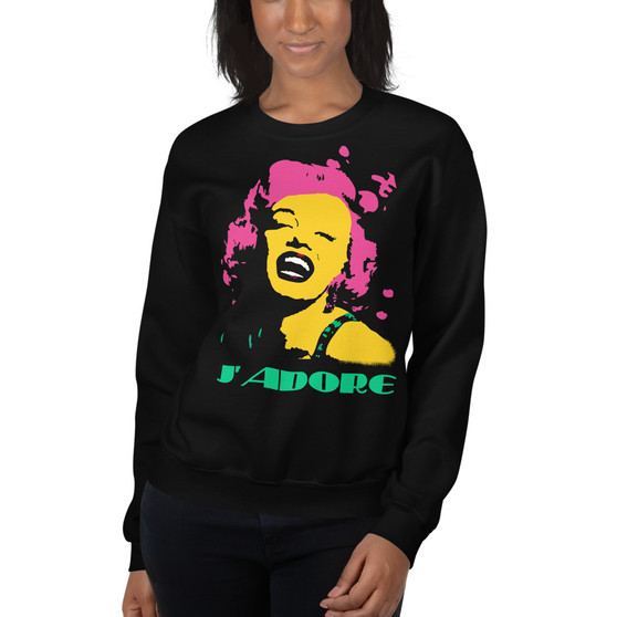 on sale Marilyn Monroe pink yellow green sexy J'adore Unisex Sweatshirt by neoclassical pop art