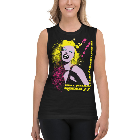 On Sale yellow, pink, purple, Marilyn Monroe Blond Bomb Shell Muscle Shirt by Neoclassical pop art  online pop art gift shop 