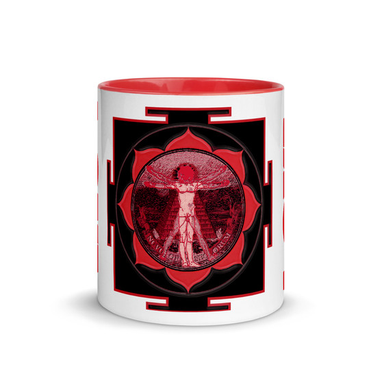 Leonardo da Vinci red neoclassical pop art Coffee Mugs with red inside and handle and with leonardo da vinci quote by Neoclassical Pop Art 