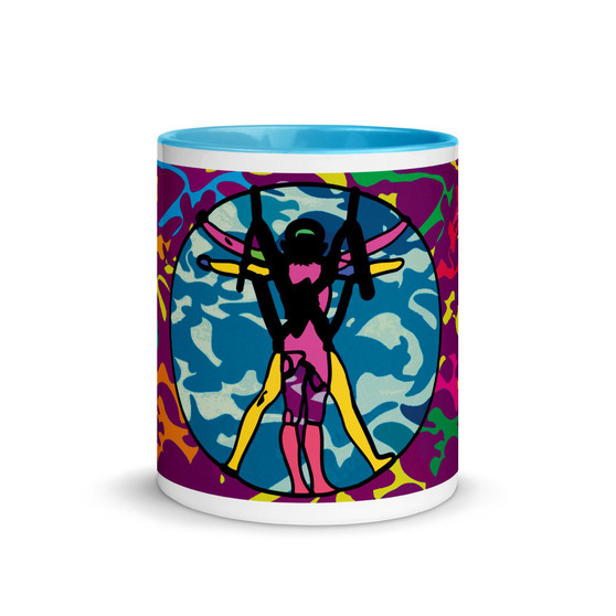purple, green, blue, yellow, pink, green, orange, 11 oz Leonardo da Vinci vitruvian man mug