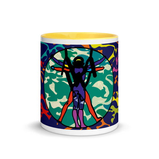 purple, green, yellow, red, pink, blue 11 oz Leonardo da Vinci vitruvian man mug
