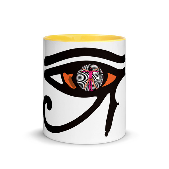 leonardo da vinci orange pink vitruvian man eye of horus coffee mug