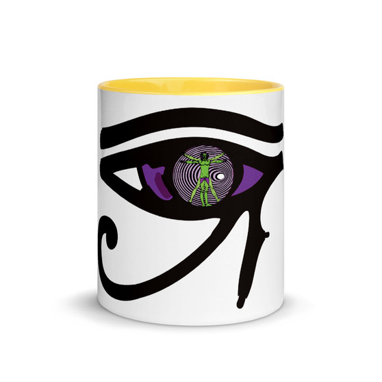 White ceramic mug with black Eye of Horus, purple accents, and green Vitruvian Man center