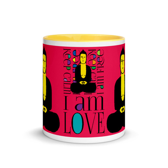 Pink, Yellow, Blue Buddha Be  "I Am Love" affirmation Spiritual mug by Neoclassical Pop Art
