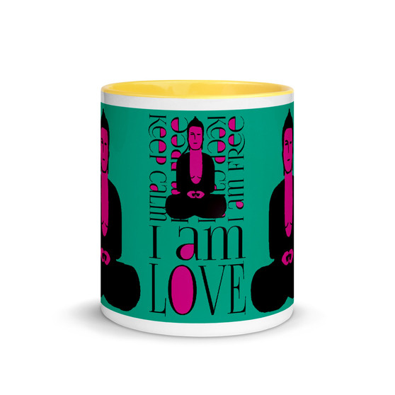 Green pink Buddha Be  "I Am Love" affirmation Spiritual mug by Neoclassical Pop Art