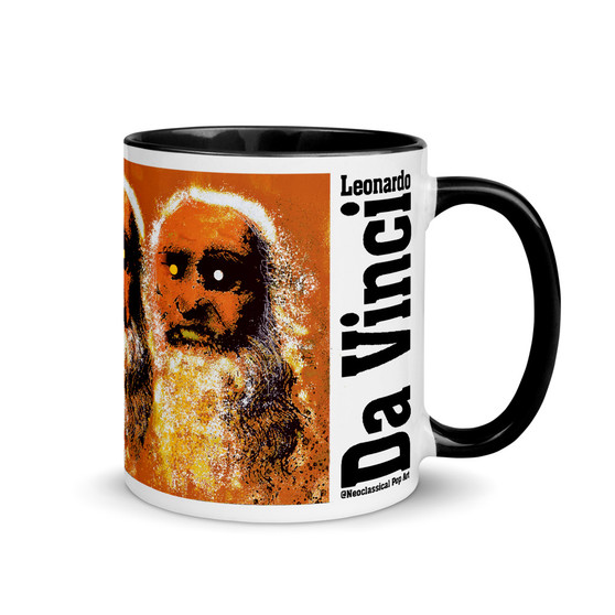 White ceramic mug with orange da Vinci self-portrait, black handle, and vertical Leonardo da Vinci text