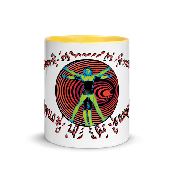 Best Leonardo da Vinci orange blue green black neoclassical pop art Coffee Mugs by Neoclassical Pop Art