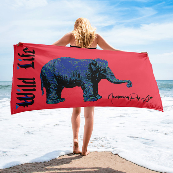 buy Rembrandt My First Elephant Red Blue luxury animal Towels by Neoclassical pop art 