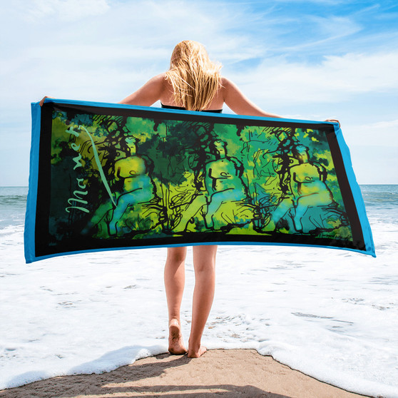 Cool Eduard Manet green blue woman figure sitting on rock collectible art print towel by Neoclassical Pop Art