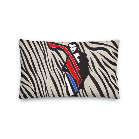 Rectangular Napoleon lumbar pillow with zebra stripes, black silhouette, red and blue accents.